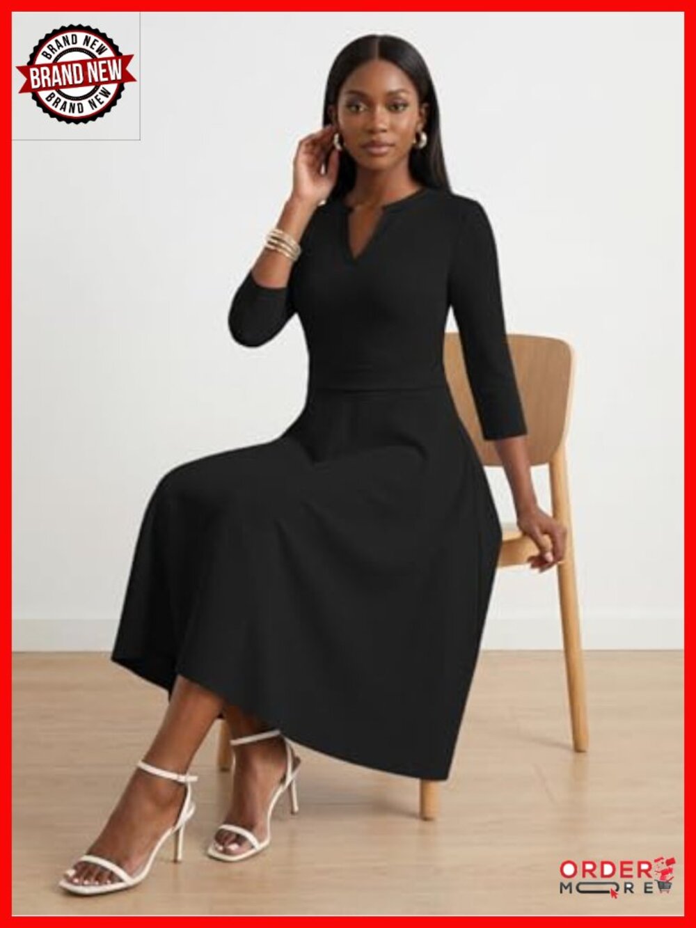 3/4 Sleeve V-Neck High Waist A-Line Midi Dress with Pockets - Picture 3 of 4